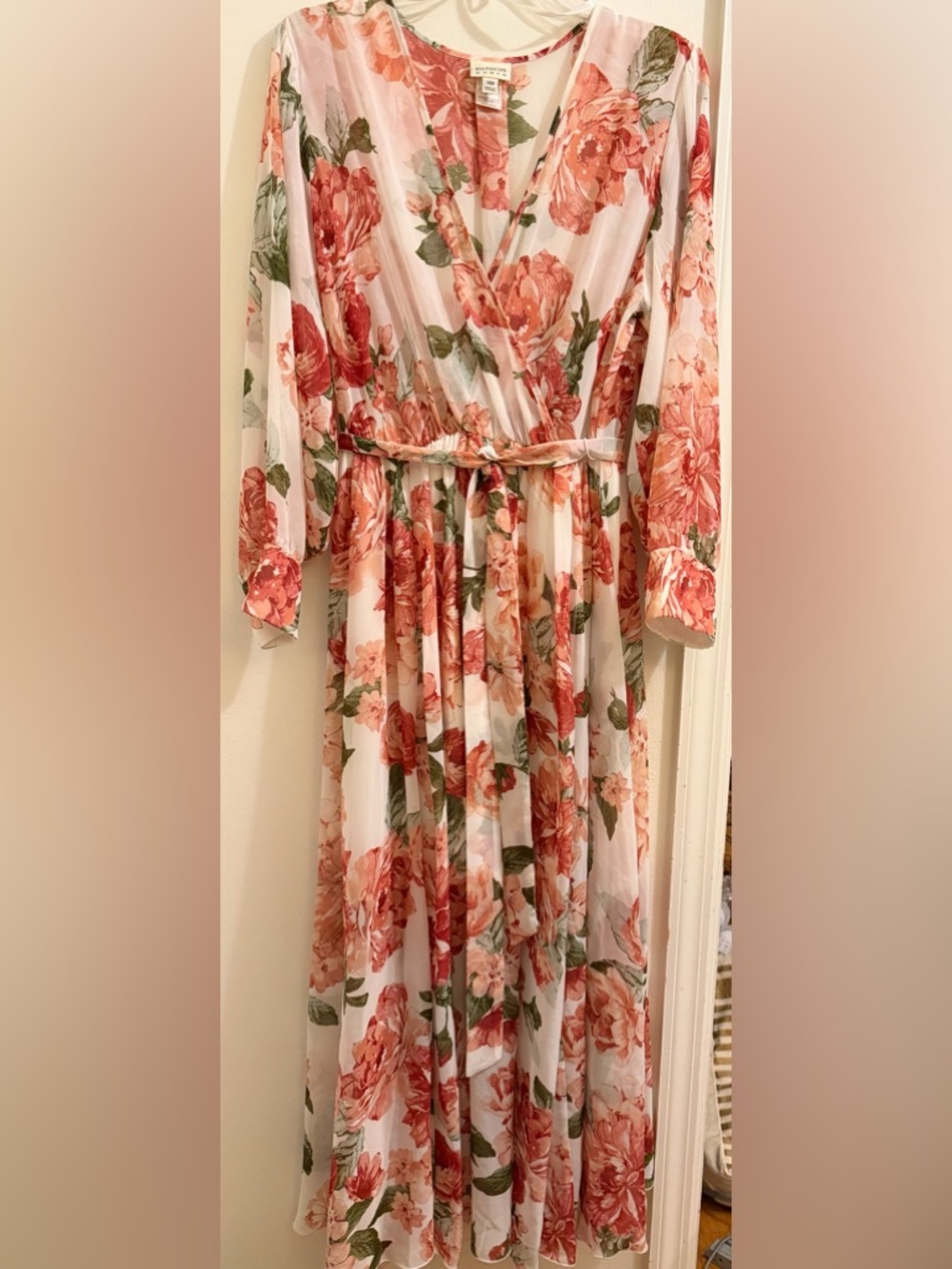 Enfocus Studio Coral and Green Floral Wrap Maxi Dress